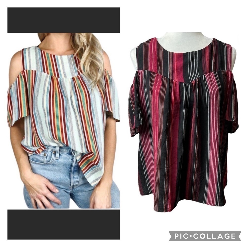 Monteau Striped Cold Shoulder Flutter Sleeve Short Sleeve Top